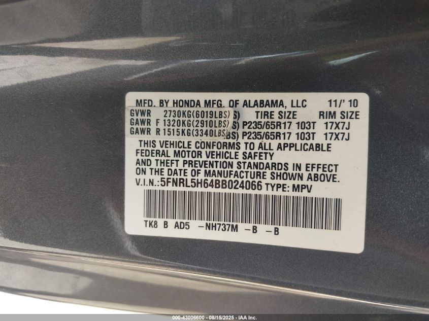 2011 Honda Odyssey Ex-L VIN: 5FNRL5H64BB024066 Lot: 43006600