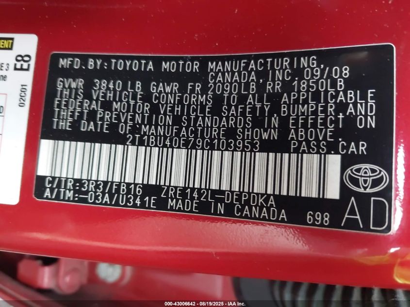 2009 Toyota Corolla Le VIN: 2T1BU40E79C103953 Lot: 43006642