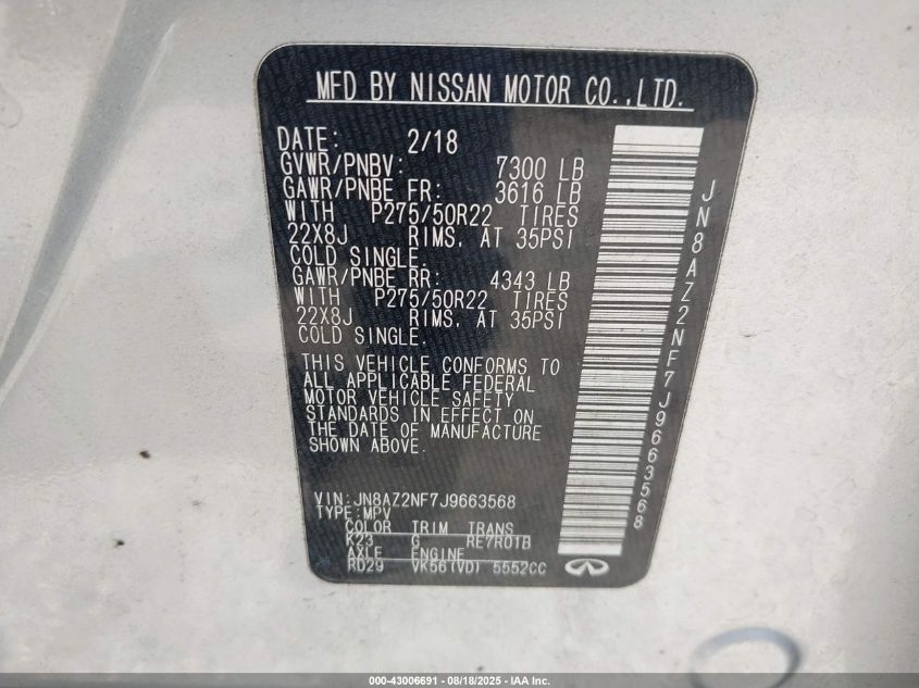 2018 Infiniti Qx80 VIN: JN8AZ2NF7J9663568 Lot: 43006691