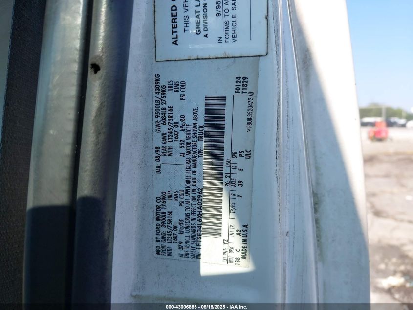 1999 Ford E-350 Super Duty Commercial/Recreational VIN: 1FTSE34L6XHA02962 Lot: 43006885