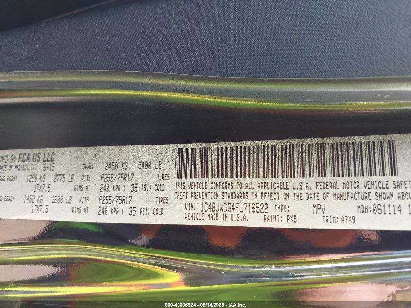 2015 Jeep Wrangler Unlimited Sport VIN: 1C4BJWDG4FL716522 Lot: 43006924