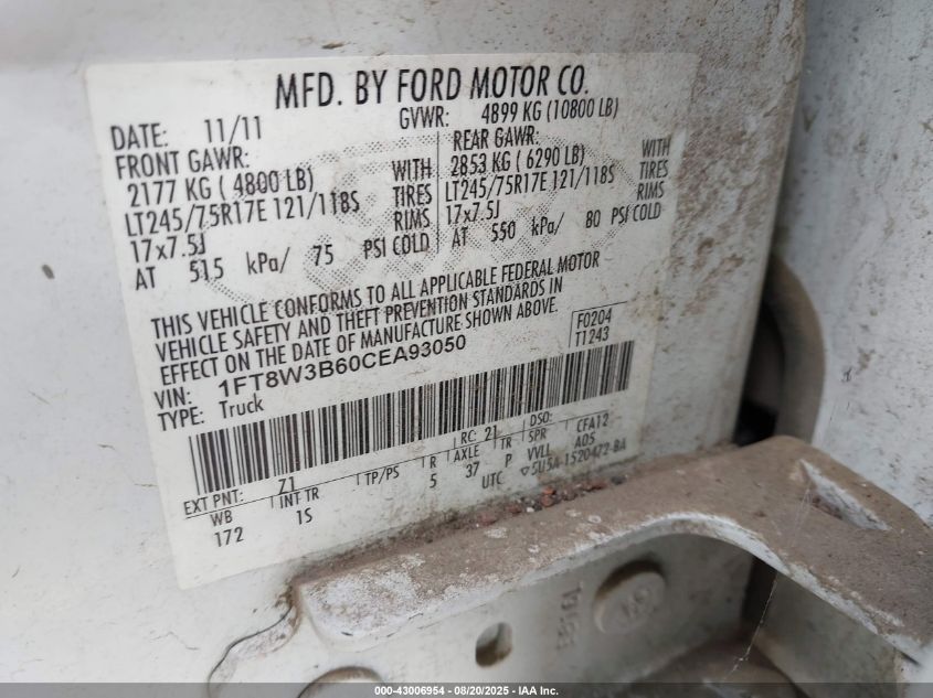 2012 Ford F-350 Xl VIN: 1FT8W3B60CEA93050 Lot: 43006954