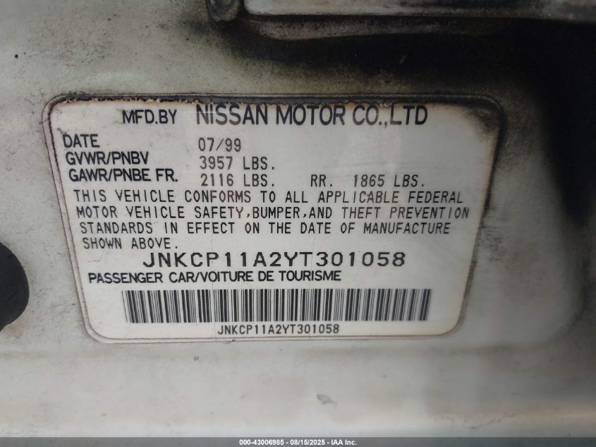 2000 Infiniti G20 Luxury/Touring VIN: JNKCP11A2YT301058 Lot: 43006985