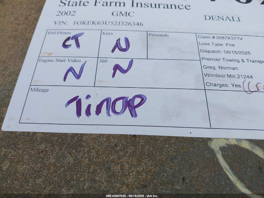 2002 GMC Yukon Denali VIN: 1GKEK63U52J326346 Lot: 43007028