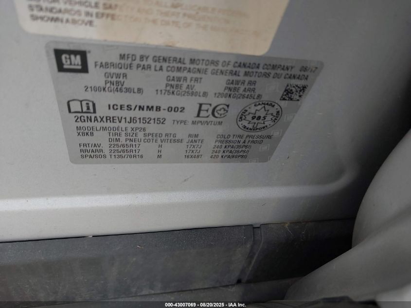 2018 Chevrolet Equinox Ls VIN: 2GNAXREV1J6152152 Lot: 43007069