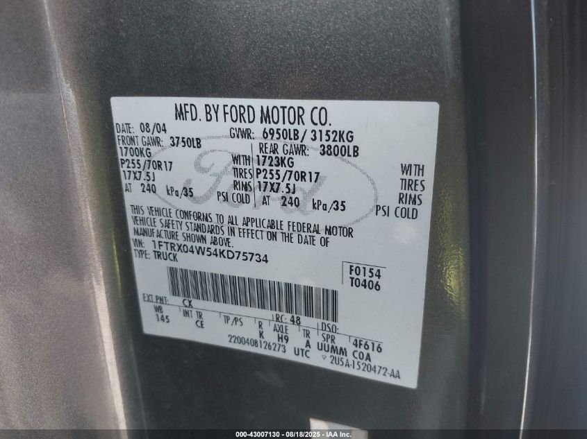 2004 Ford F-150 Stx/Xlt VIN: 1FTRX04W54KD75734 Lot: 43007130