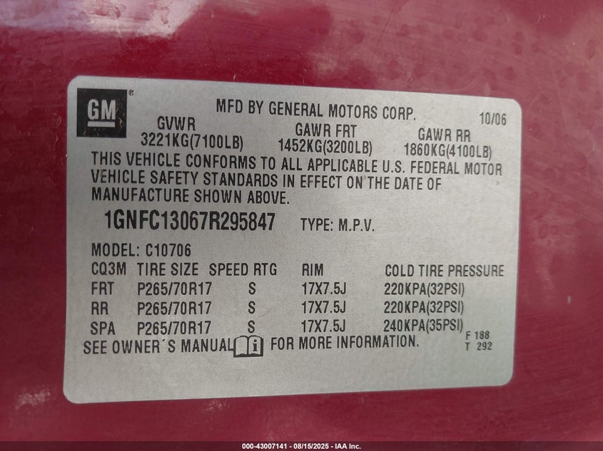 2007 Chevrolet Tahoe Ls VIN: 1GNFC13067R295847 Lot: 43007141