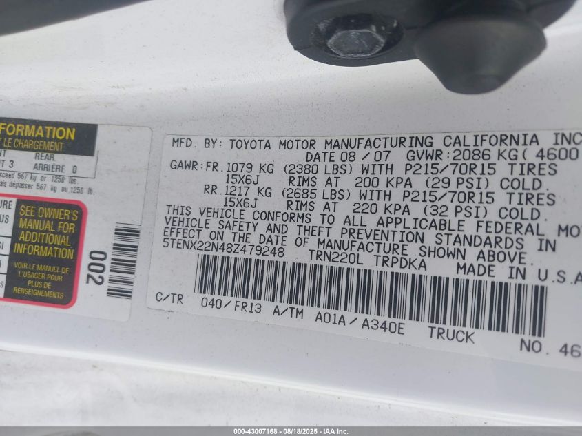 2008 Toyota Tacoma VIN: 5TENX22N48Z479248 Lot: 43007168
