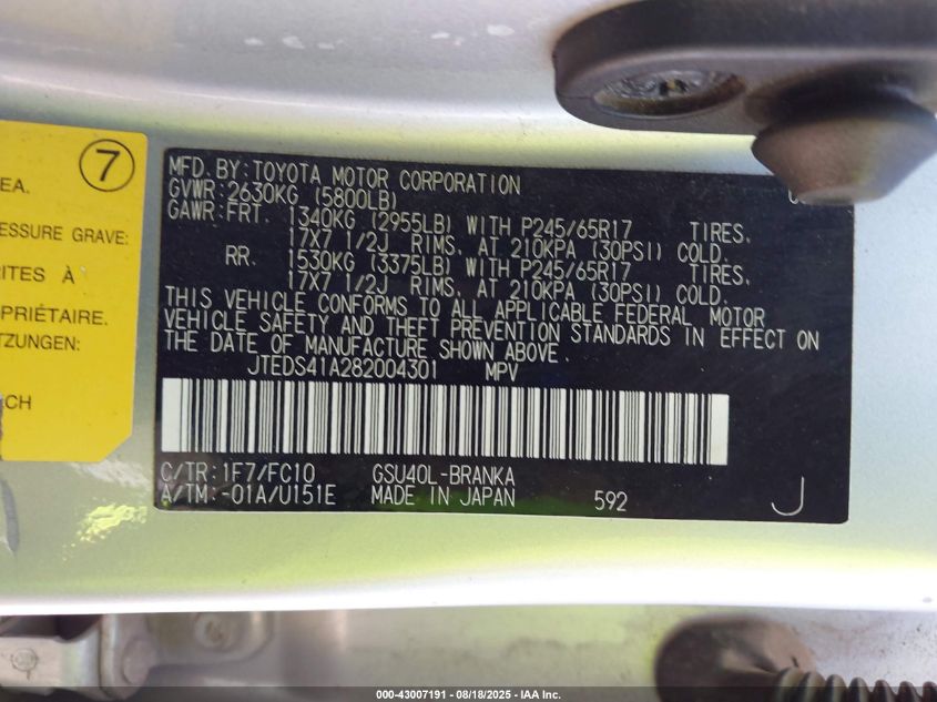 2008 Toyota Highlander VIN: JTEDS41A282004301 Lot: 43007191