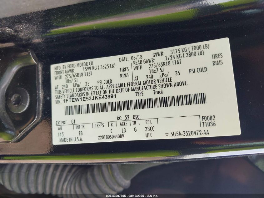 2018 Ford F-150 Lariat VIN: 1FTEW1E53JKE43991 Lot: 43007305