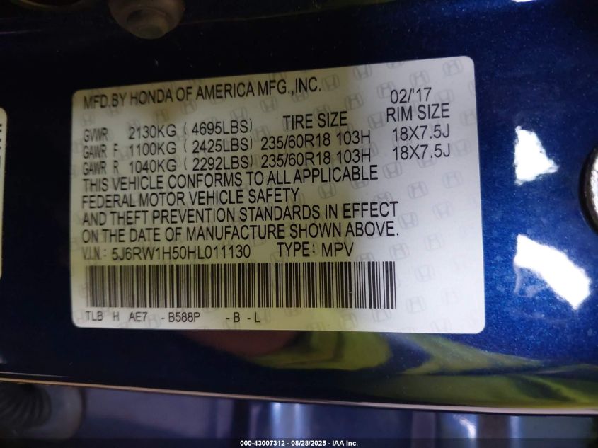 2017 Honda Cr-V Ex VIN: 5J6RW1H50HL011130 Lot: 43007312