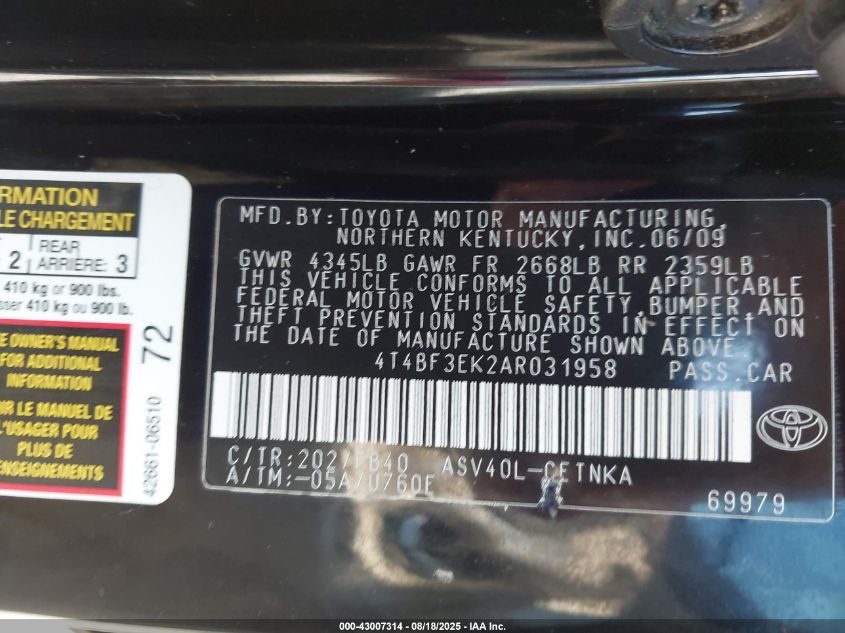 2010 Toyota Camry Le VIN: 4T4BF3EK2AR031958 Lot: 43007314