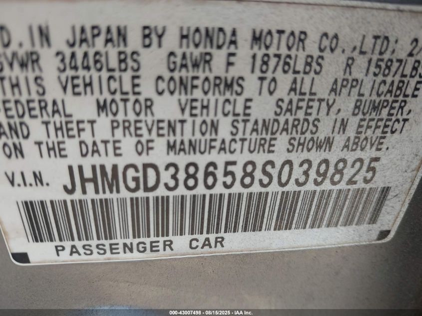 2008 Honda Fit Sport VIN: JHMGD38658S039825 Lot: 43007498