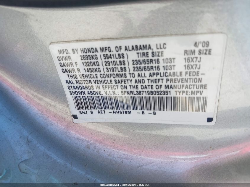 2009 Honda Odyssey Ex-L VIN: 5FNRL38719B052351 Lot: 43007504