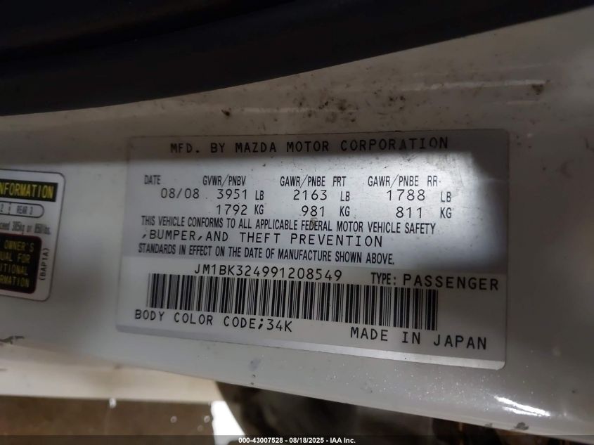 2009 Mazda Mazda3 S Touring VIN: JM1BK324991208549 Lot: 43007528