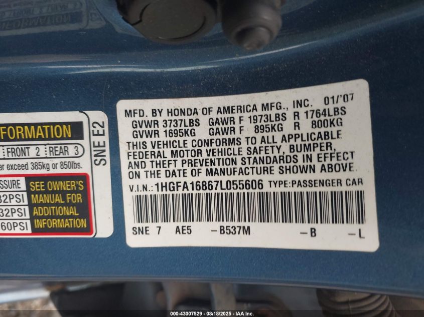 2007 Honda Civic Ex VIN: 1HGFA16867L055606 Lot: 43007529