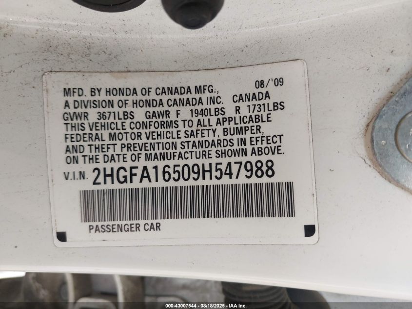 2009 Honda Civic Lx VIN: 2HGFA165098547988 Lot: 43007544