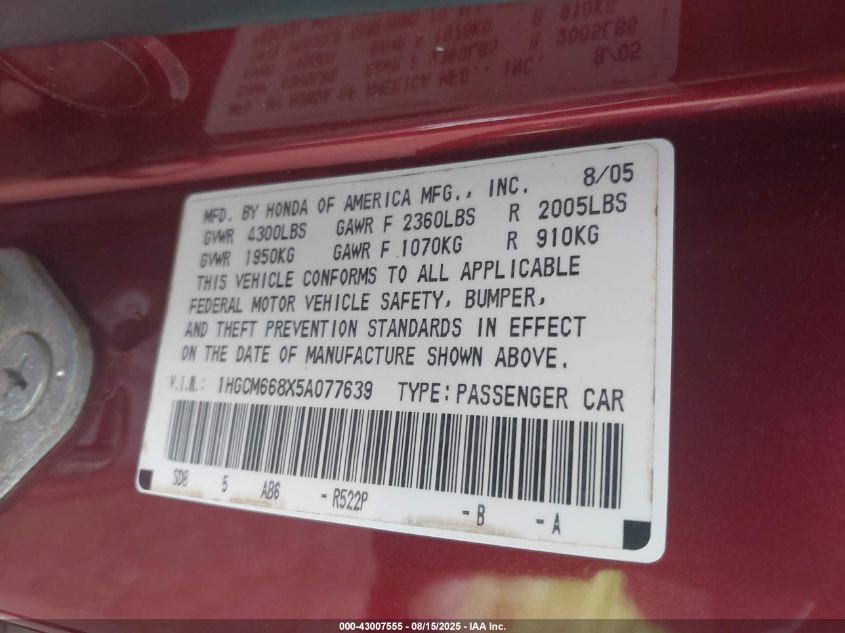 2005 Honda Accord 3.0 Ex VIN: 1HGCM668X5A077639 Lot: 43007555