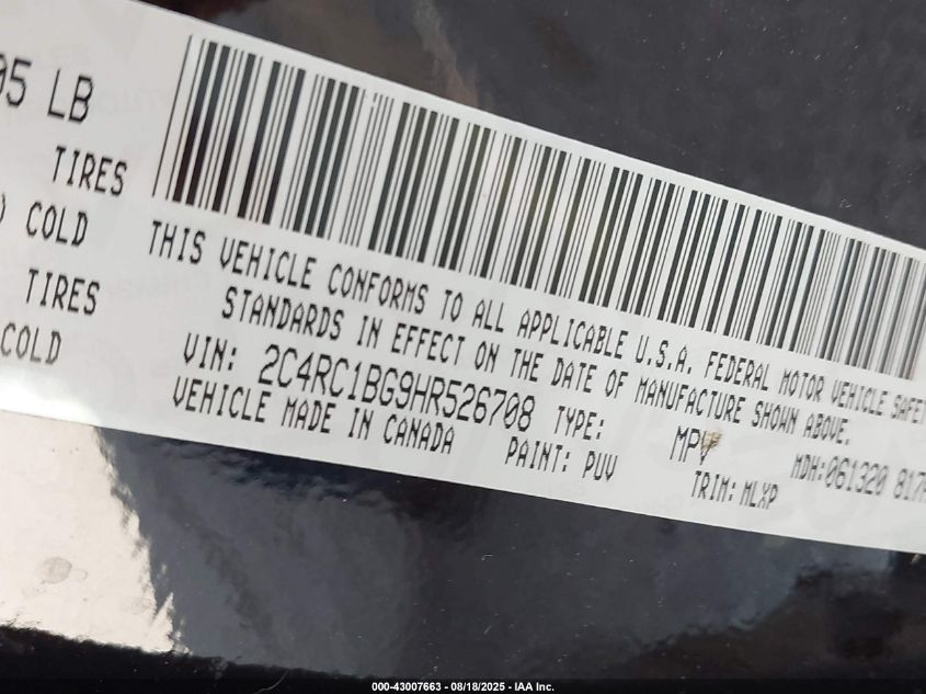 2017 Chrysler Pacifica Touring-L VIN: 2C4RC1BG9HR526708 Lot: 43007663