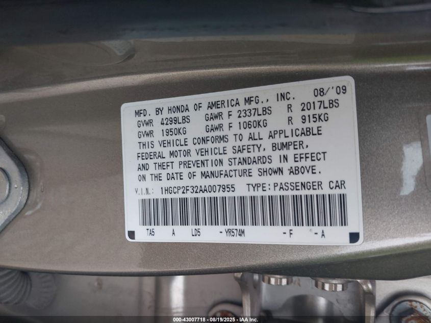 2010 Honda Accord 2.4 Lx VIN: 1HGCP2F32AA007955 Lot: 43007718