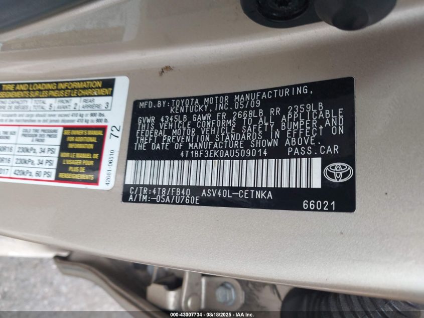 2010 Toyota Camry Le VIN: 4T1BF3EK0AU509014 Lot: 43007734