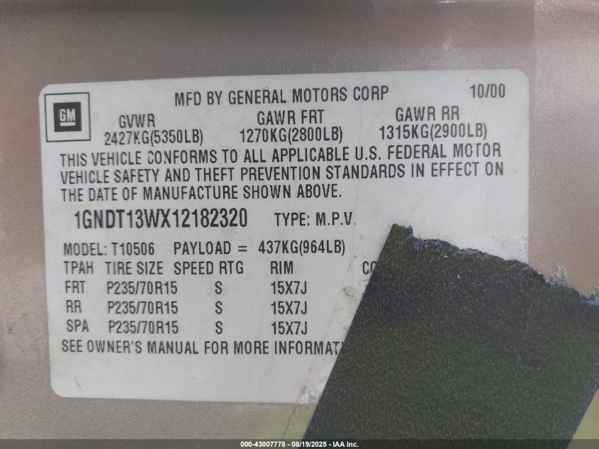 2001 Chevrolet Blazer Lt VIN: 1GNDT13WX12182320 Lot: 43007778