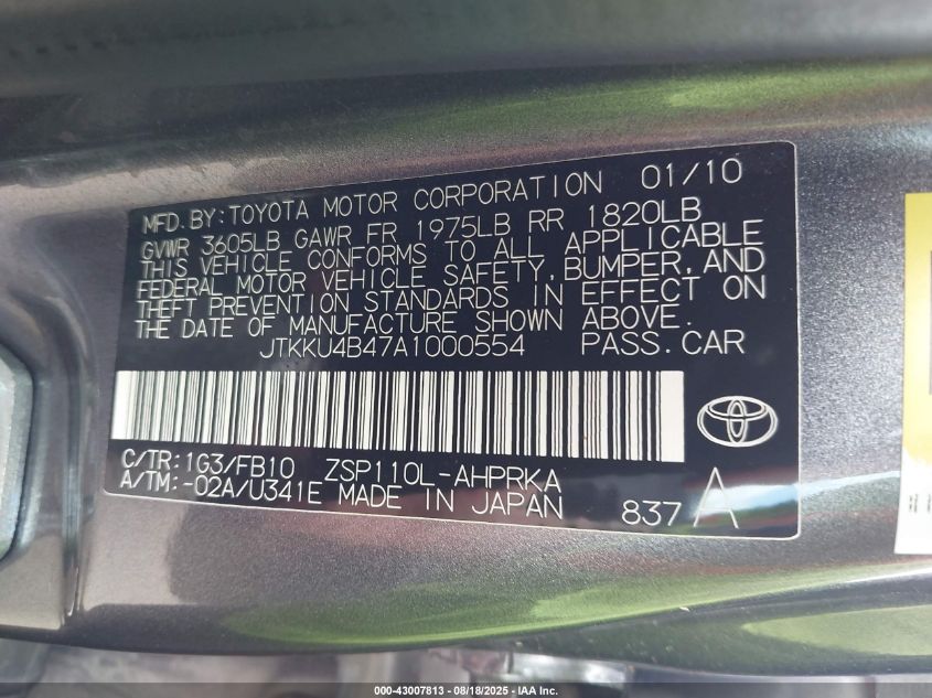 2010 Scion Xd VIN: JTKKU4B47A1000554 Lot: 43007813