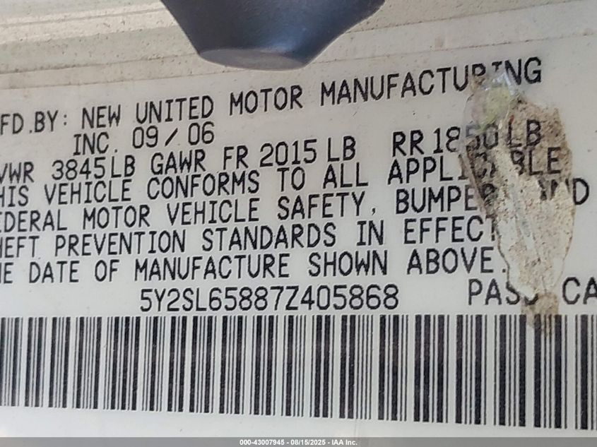 2007 Pontiac Vibe VIN: 5Y2SL65887Z405868 Lot: 43007945