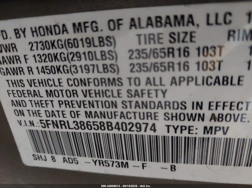 2008 Honda Odyssey Ex-L VIN: 5FNRL38658B402974 Lot: 43008013