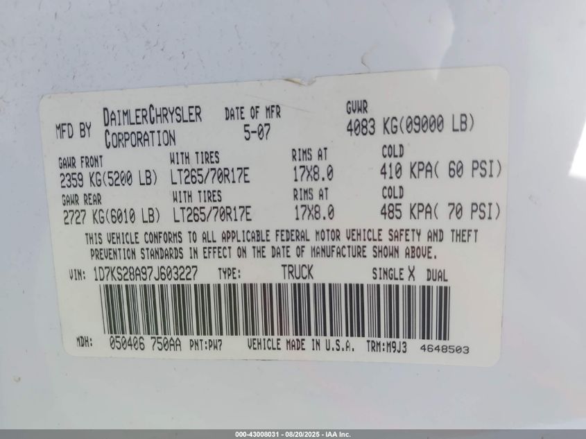 2007 Dodge Ram 2500 Slt/Sport VIN: 1D7KS28A97J603227 Lot: 43008031