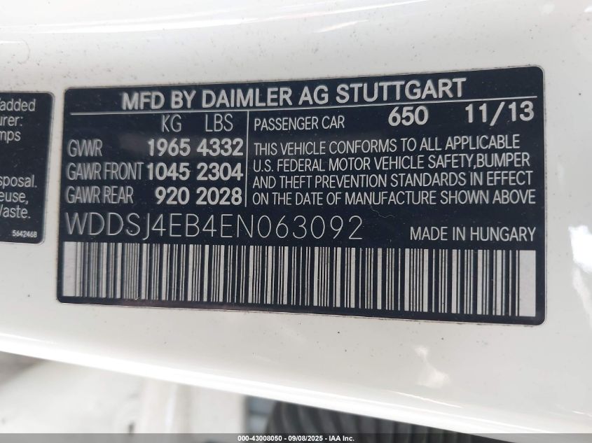 2014 Mercedes-Benz Cla 250 VIN: WDDSJ4EB4EN063092 Lot: 43008050