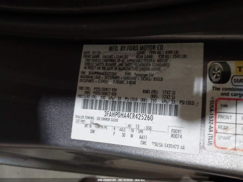 2012 Ford Fusion Se VIN: 3FAHP0HA4CR425260 Lot: 43008109