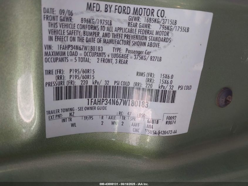 2007 Ford Focus S/Se/Ses VIN: 1FAHP34N67W180183 Lot: 43008131