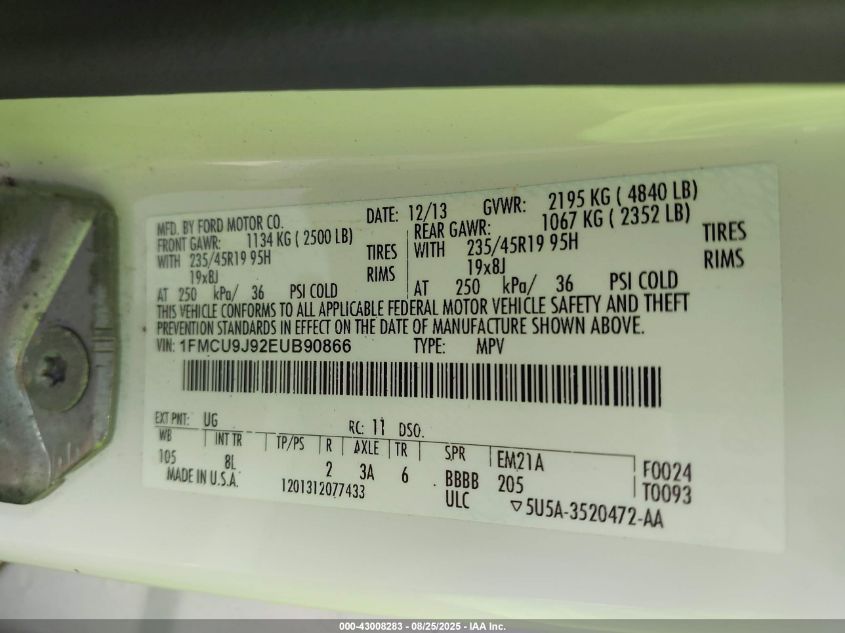 2014 Ford Escape Titanium VIN: 1FMCU9J92EUB90866 Lot: 43008283