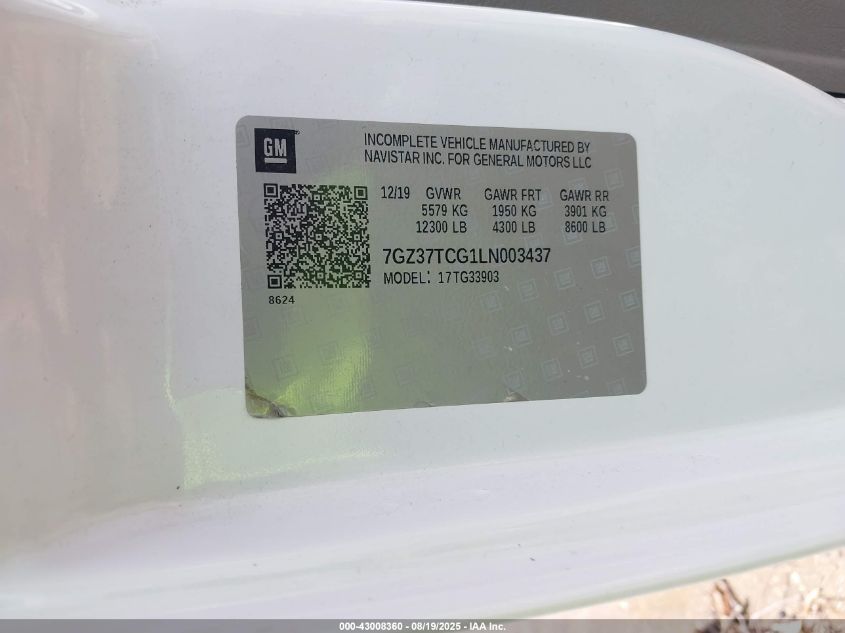 2020 GMC Savana Cutaway Work Van VIN: 7GZ37TCG1LN003437 Lot: 43008360