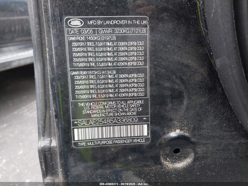 2005 Land Rover Lr3 Se VIN: SALAE25485A336809 Lot: 43008372