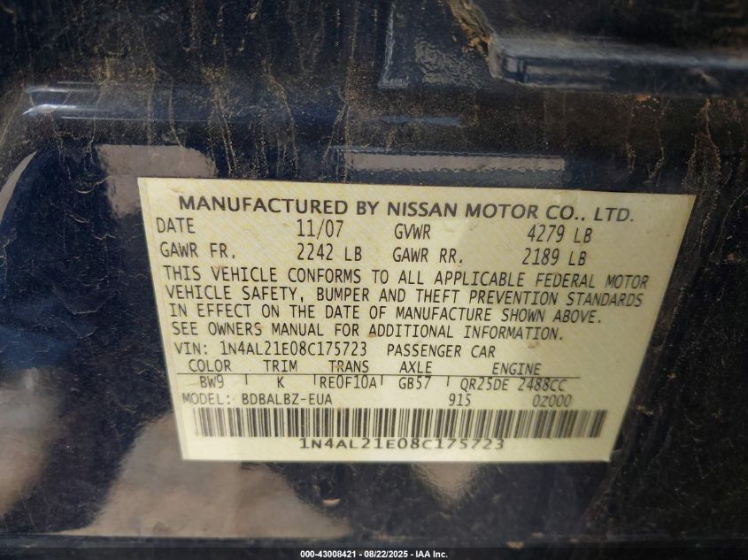 2008 Nissan Altima 2.5/2.5S VIN: 1N4AL21E08C175723 Lot: 43008421