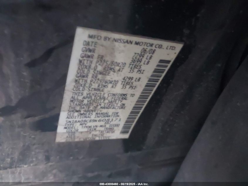 2009 Nissan Armada Le VIN: 5N1BA08C89N608171 Lot: 43008460