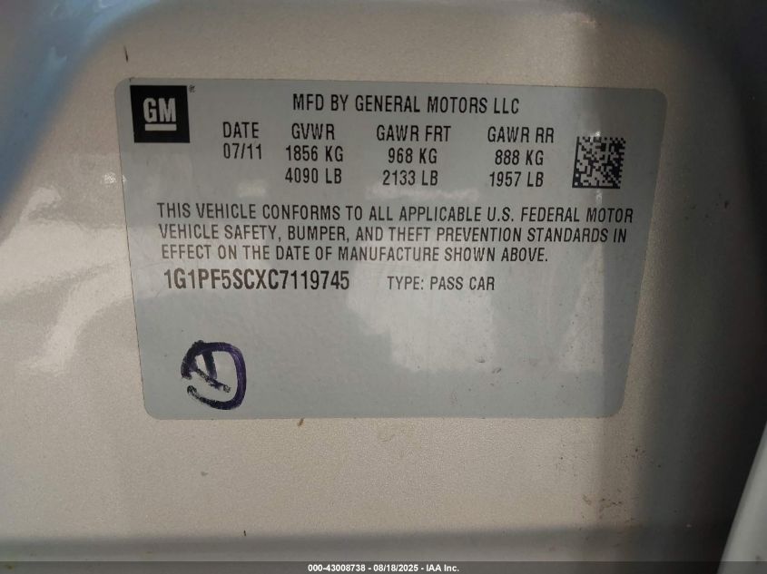 2012 Chevrolet Cruze VIN: 1G1PF5BCXC7119745 Lot: 43008738