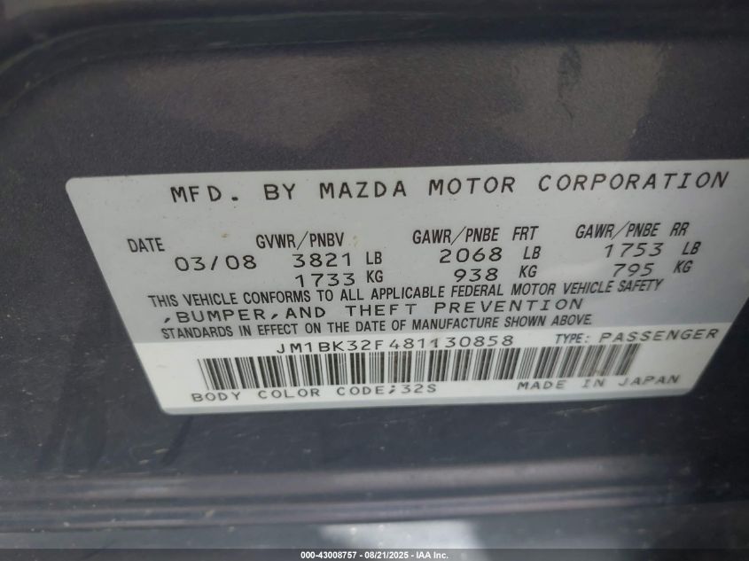 2008 Mazda Mazda3 I Touring Value VIN: JM1BK32F481130858 Lot: 43008757