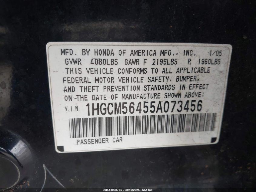 2005 Honda Accord Lx VIN: 1HGCM56455A073456 Lot: 43008775