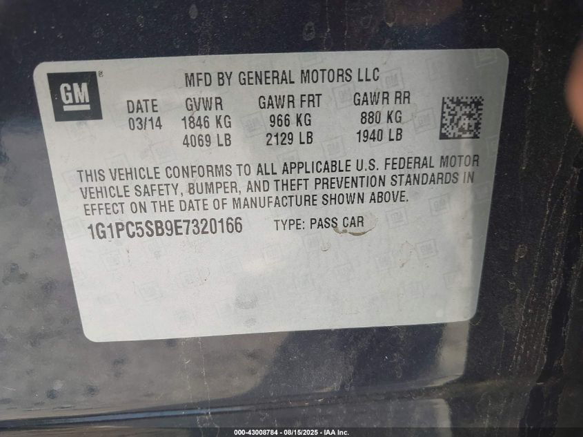 2014 Chevrolet Cruze 1Lt Auto VIN: 1G1PC5SB9E7320166 Lot: 43008784