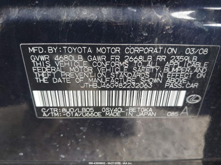 2008 Lexus Es 350 VIN: JTHBJ46G982232063 Lot: 43008802
