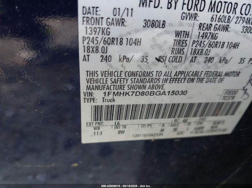 2011 Ford Explorer Xlt VIN: 1FMHK7D80BGA15030 Lot: 43008819