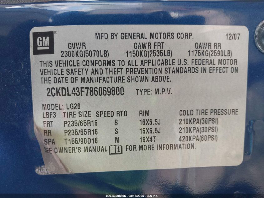 2008 Pontiac Torrent VIN: 2CKDL43F786069800 Lot: 43008866