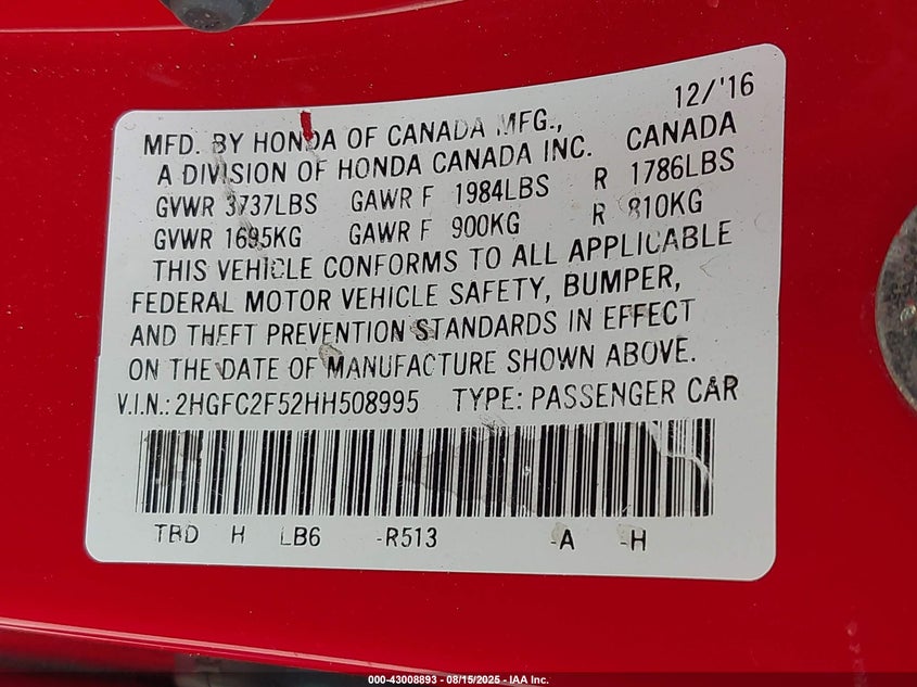 2017 HONDA CIVIC LX - 2HGFC2F52HH508995