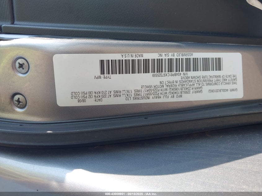 2009 Subaru Outback 2.5I VIN: 4S4BP61CX97325559 Lot: 43008951