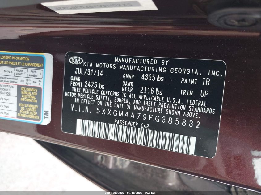 2015 Kia Optima Lx VIN: 5XXGM4A79FG385832 Lot: 43009022