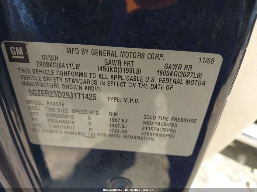 2009 Saturn Outlook Xr VIN: 5GZER23D29J171425 Lot: 43009050