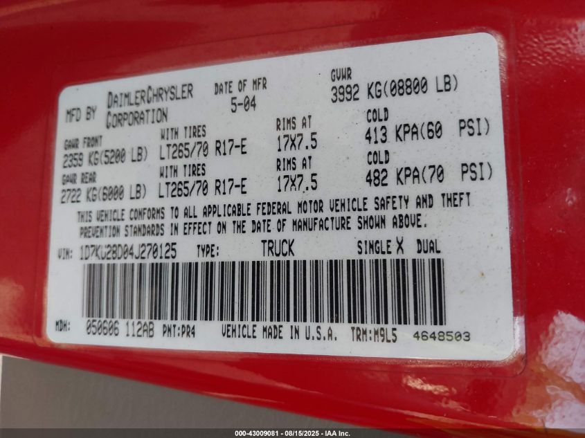 2004 Dodge Ram 2500 Slt/Laramie VIN: 1D7KU28D04J270125 Lot: 43009081